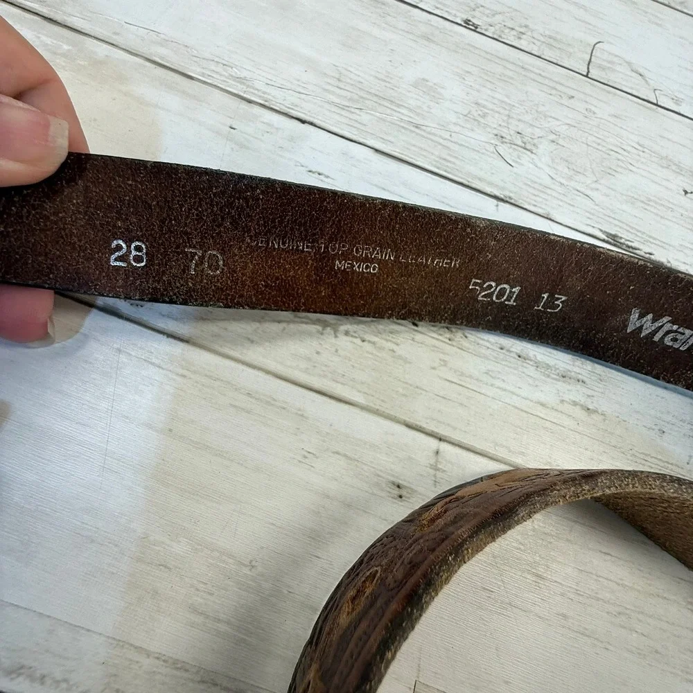 Wrangler‎ Brown Tooled Leather Western Horse Belt Silver Trophy Buckle Size 28
